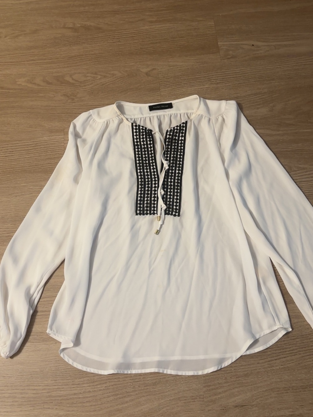 Ivanka Trump White Blouse with Black Embroidered Placket